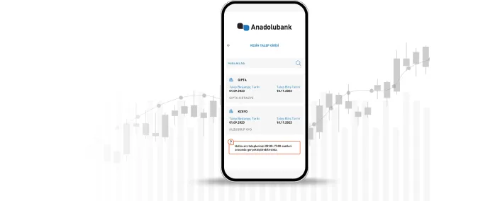 Hisse senedi halka arz işlemlerinizi Anadolubank Mobil ile kolayca gerçekleştirebilirsiniz. ‘Halka Arz nedir?’ ‘Halka Arz işlemleri nasıl yapılır?’ sorularının cevabını öğrenmek için hemen tıklayın! 